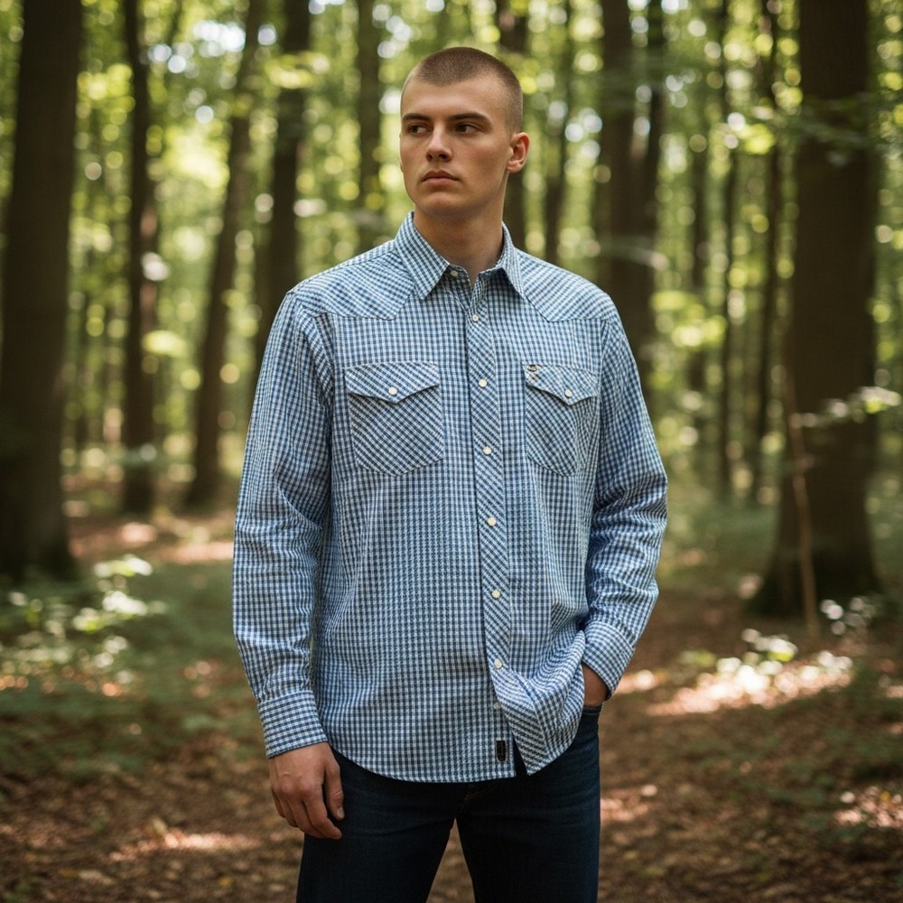 Wyoming Traders Blue Gingham Check Western Shirt Men's XXL Cotton Polyester